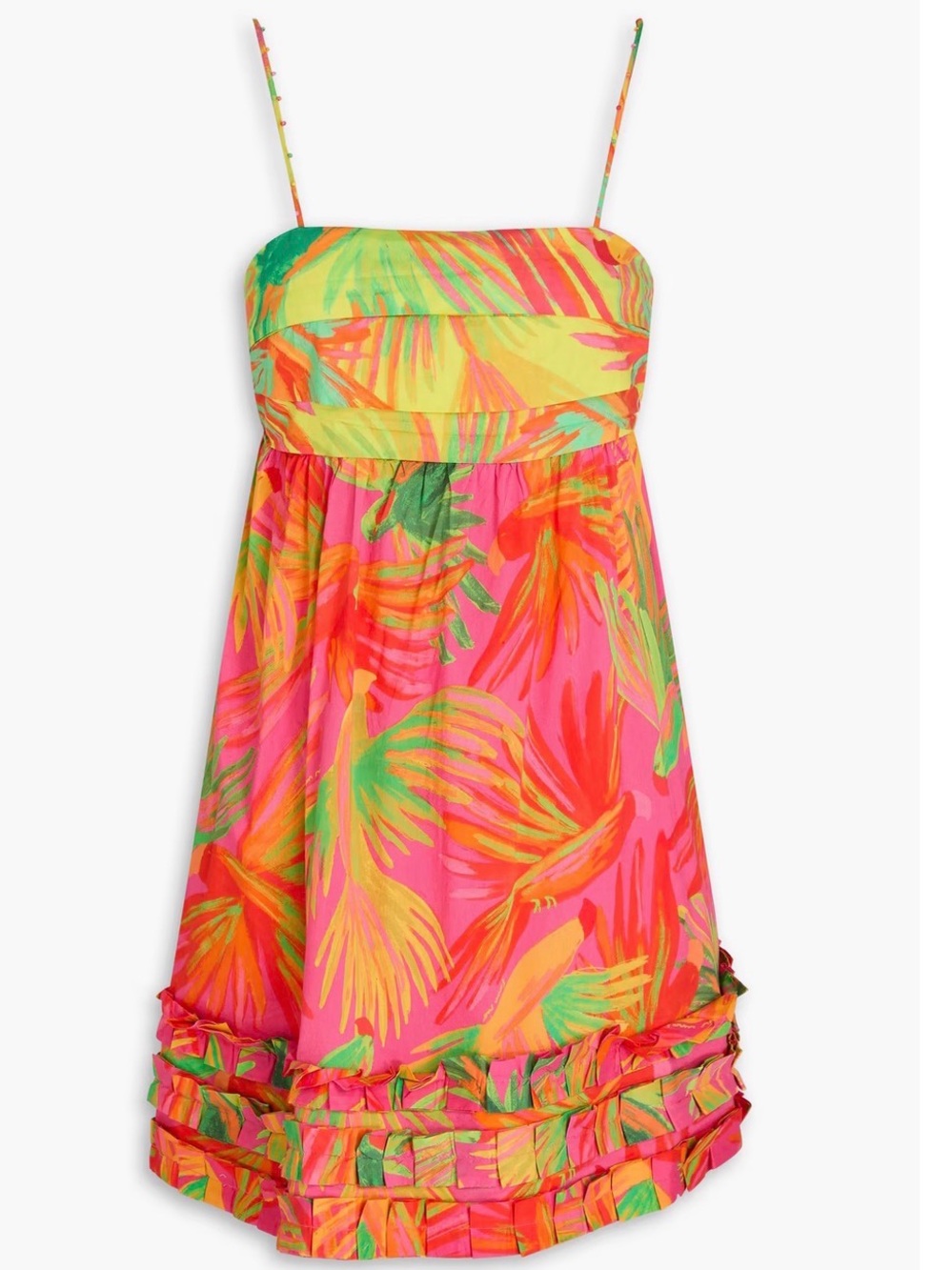Farm Rio Painted Birds Tropical Mini Dress Beaded Straps Pink Yellow L